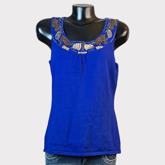 Cable & Gauge VINTAGE Womens L Sleeveless Knit Top Beaded Neckline Royal Blue - Picture 1 of 7